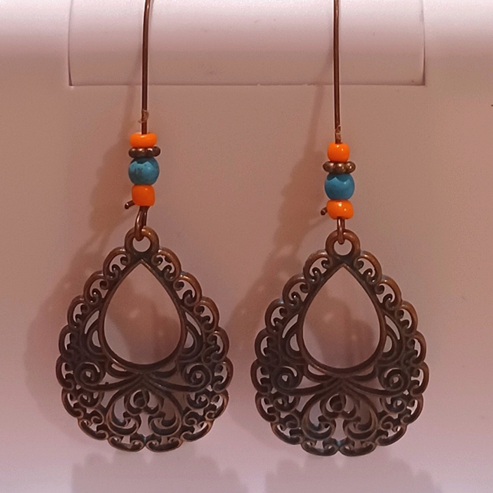 Boho Patina Copper and Turquoise Drop Earrings - Picture 2 of 3